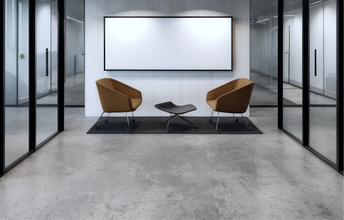 Minimalistischer Meetingraum mit Glaswänden, Sesseln und Präsentationsbildschirm.