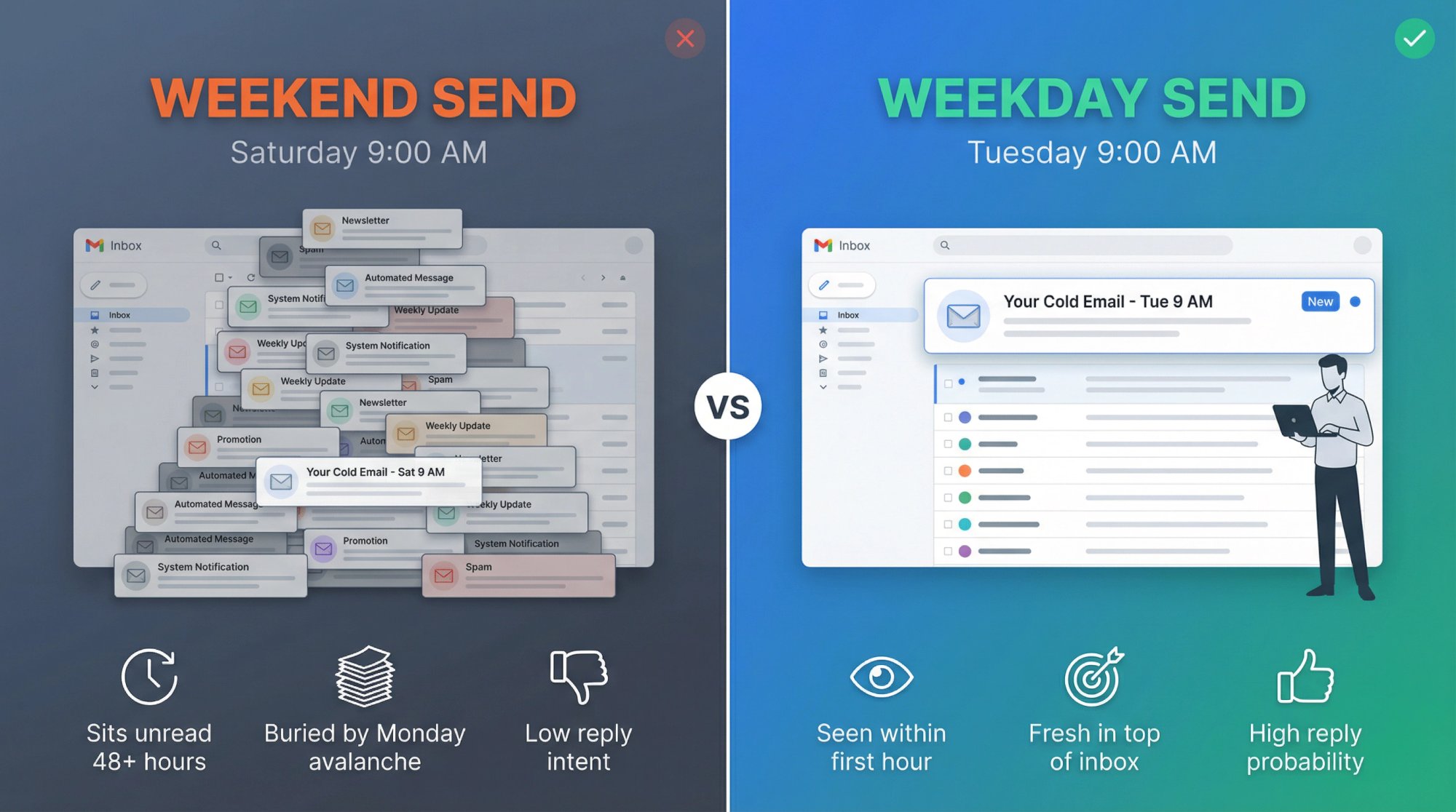 Split comparison showing weekend cold email buried in Monday inbox avalanche vs strategic weekday send arriving fresh
