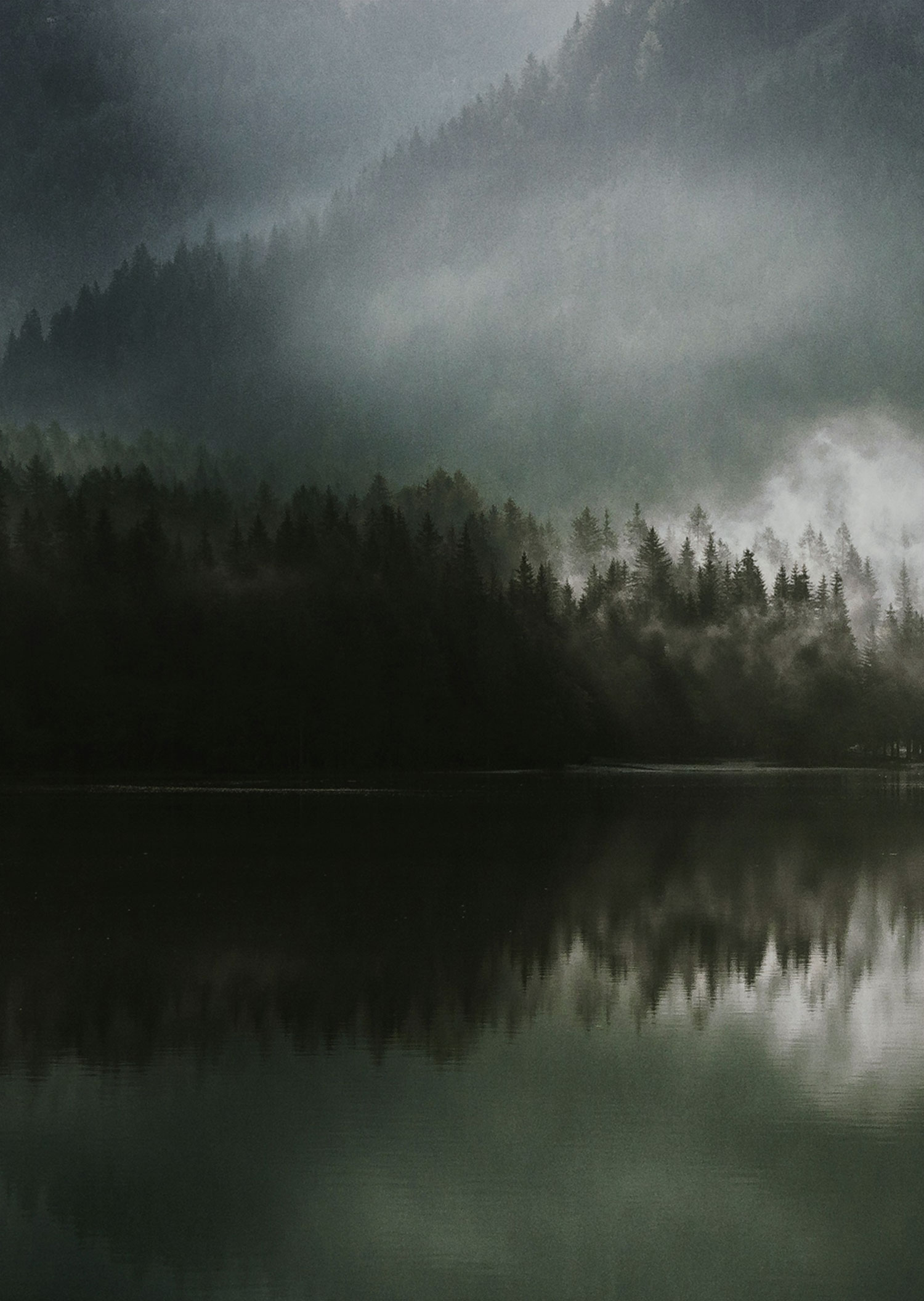 Misty evergreen forest reflected in the dark, calm water of a lake under a dark, overcast sky.