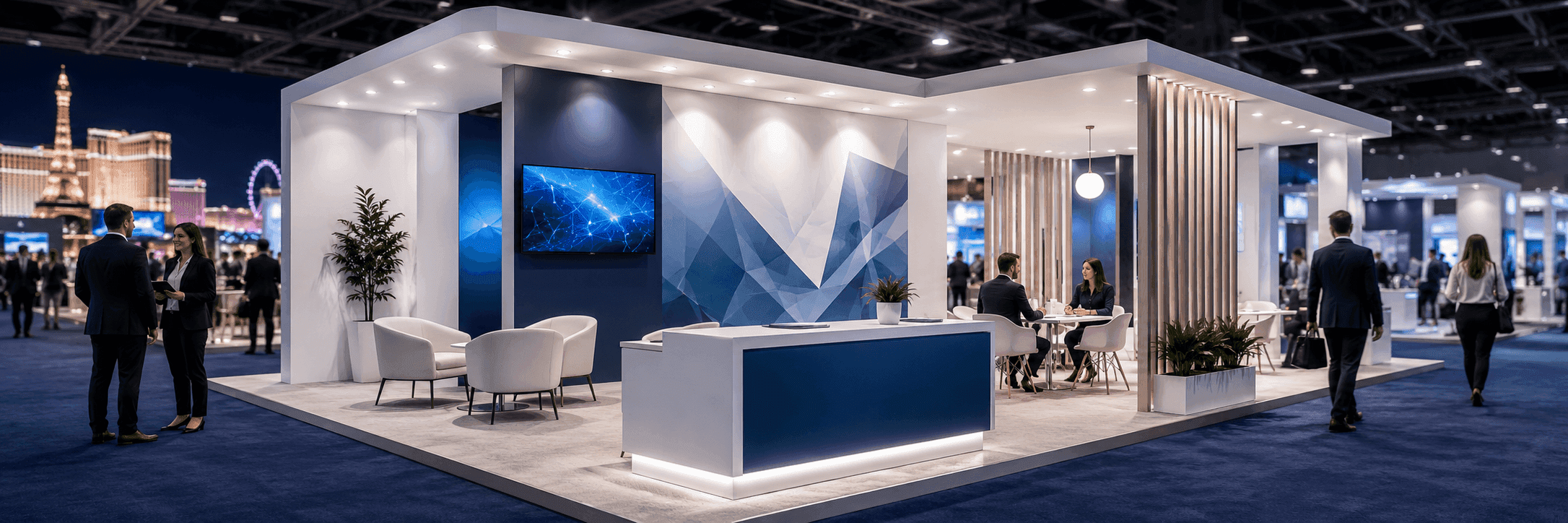 Las Vegas trade show booth rental company planning with customizable rental structure, branded graphics, demo counter, meeting area, installation support, and dismantle readiness