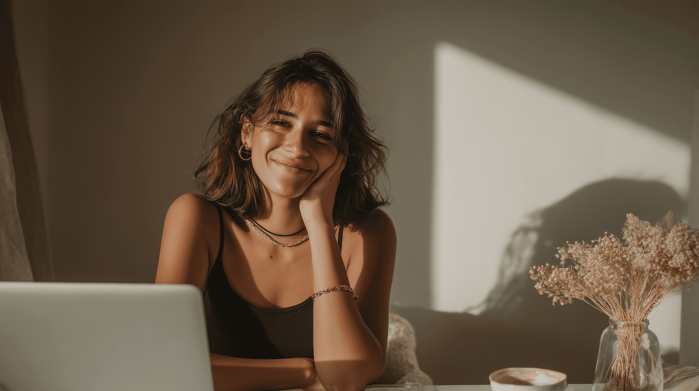 Woman sitting in front of laptop