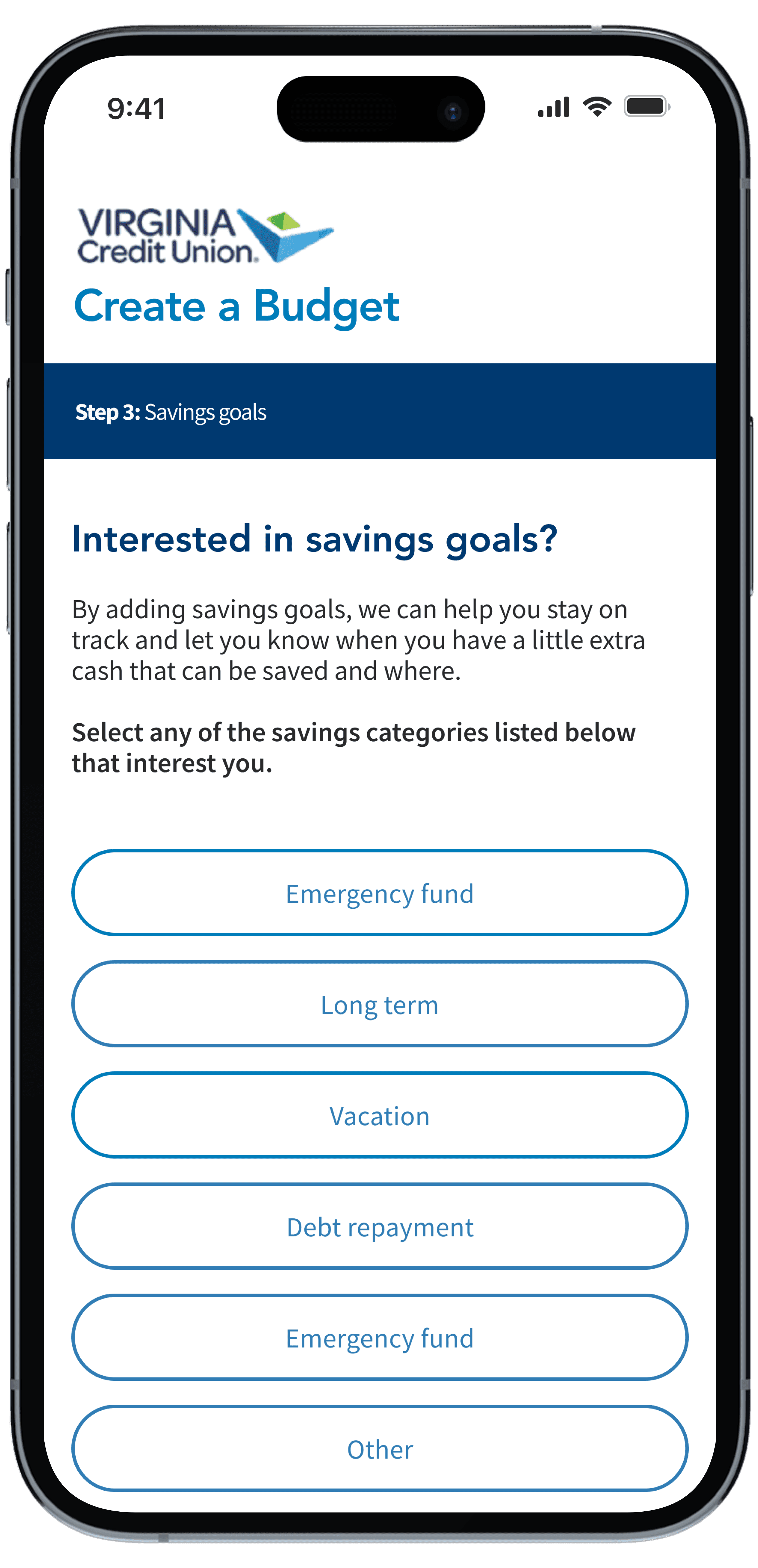 iPhone mockup of VACU's savings goals step of setting up the budget