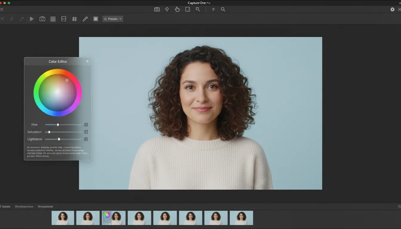 A screen capture of the Capture One Pro photo editing software, featuring a Modern Dark Mode UI. The layout shows a central image canvas displaying a professional studio portrait of a woman against a solid light blue backdrop. A floating "Color Editor" panel is positioned on the left, containing a vibrant circular color wheel, several adjustment sliders with placeholder data, and abstracted text lines. The application has a top toolbar with a series of simple, monochrome UI icons.