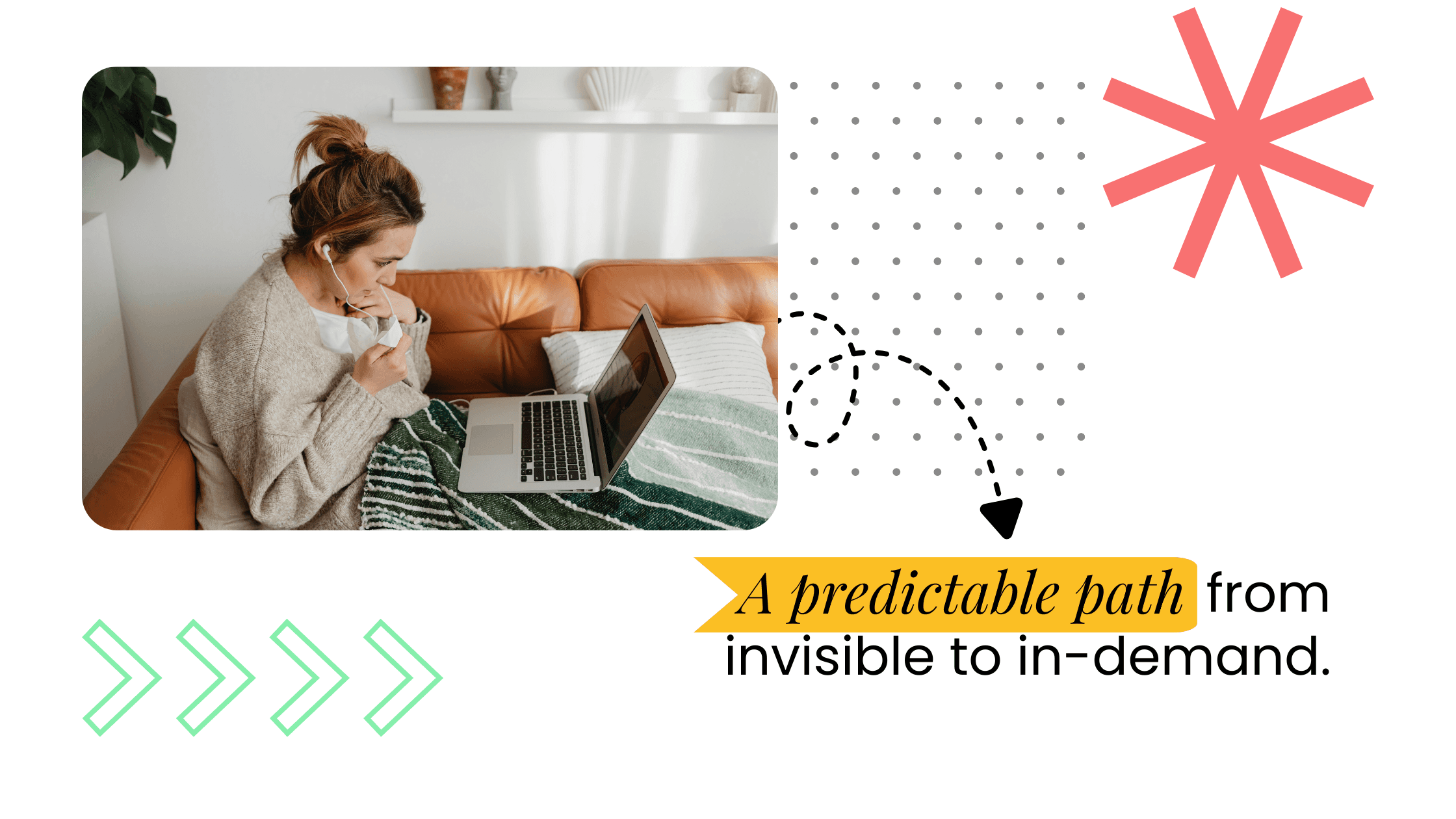 Coach planning content on a laptop, showing a predictable path from being invisible to becoming in-demand as a coach.