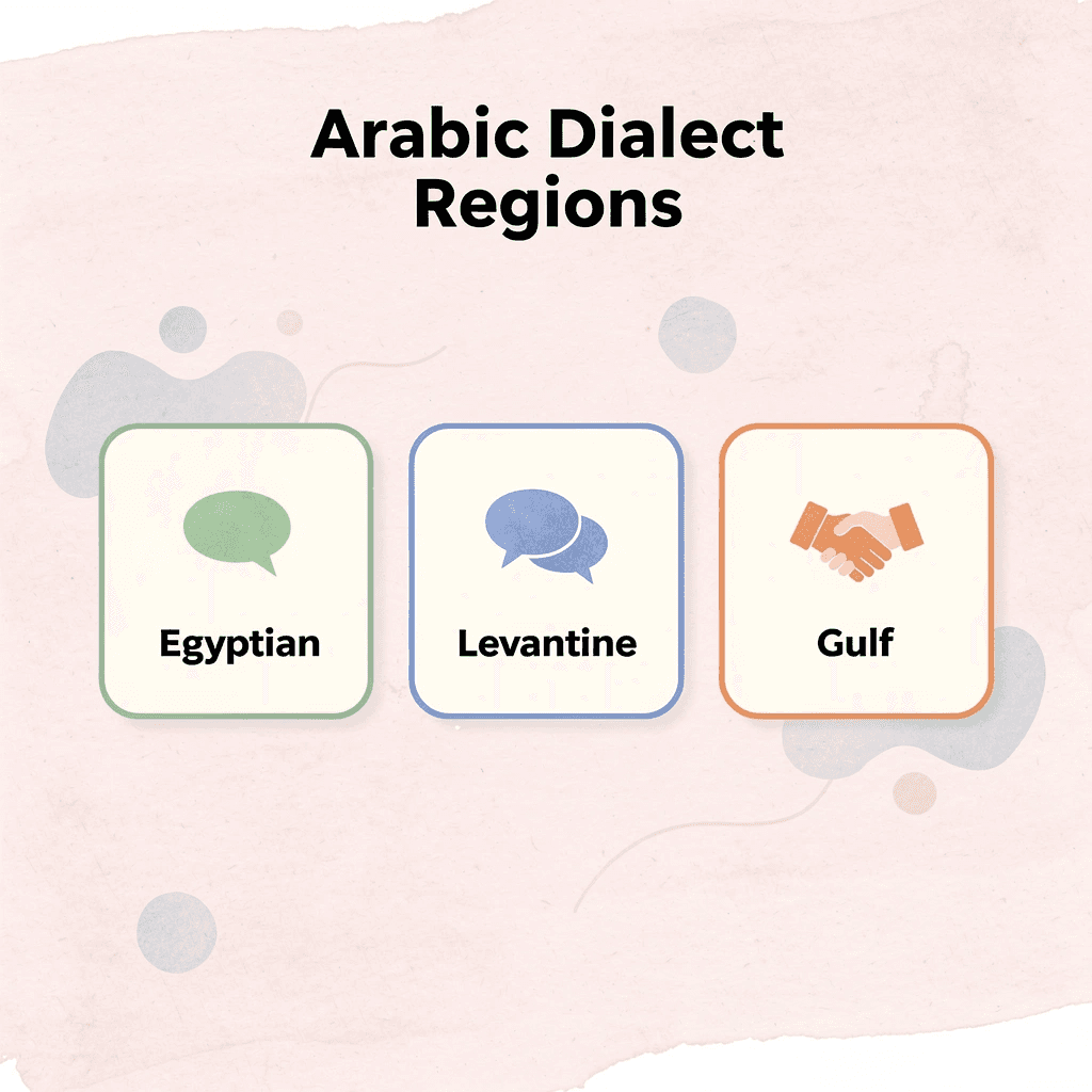 Infographic showing three Arabic dialect regions with their characteristics