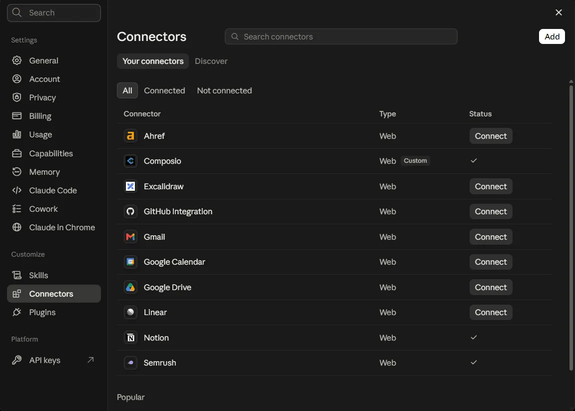 Claude connectors list with Composio enabled