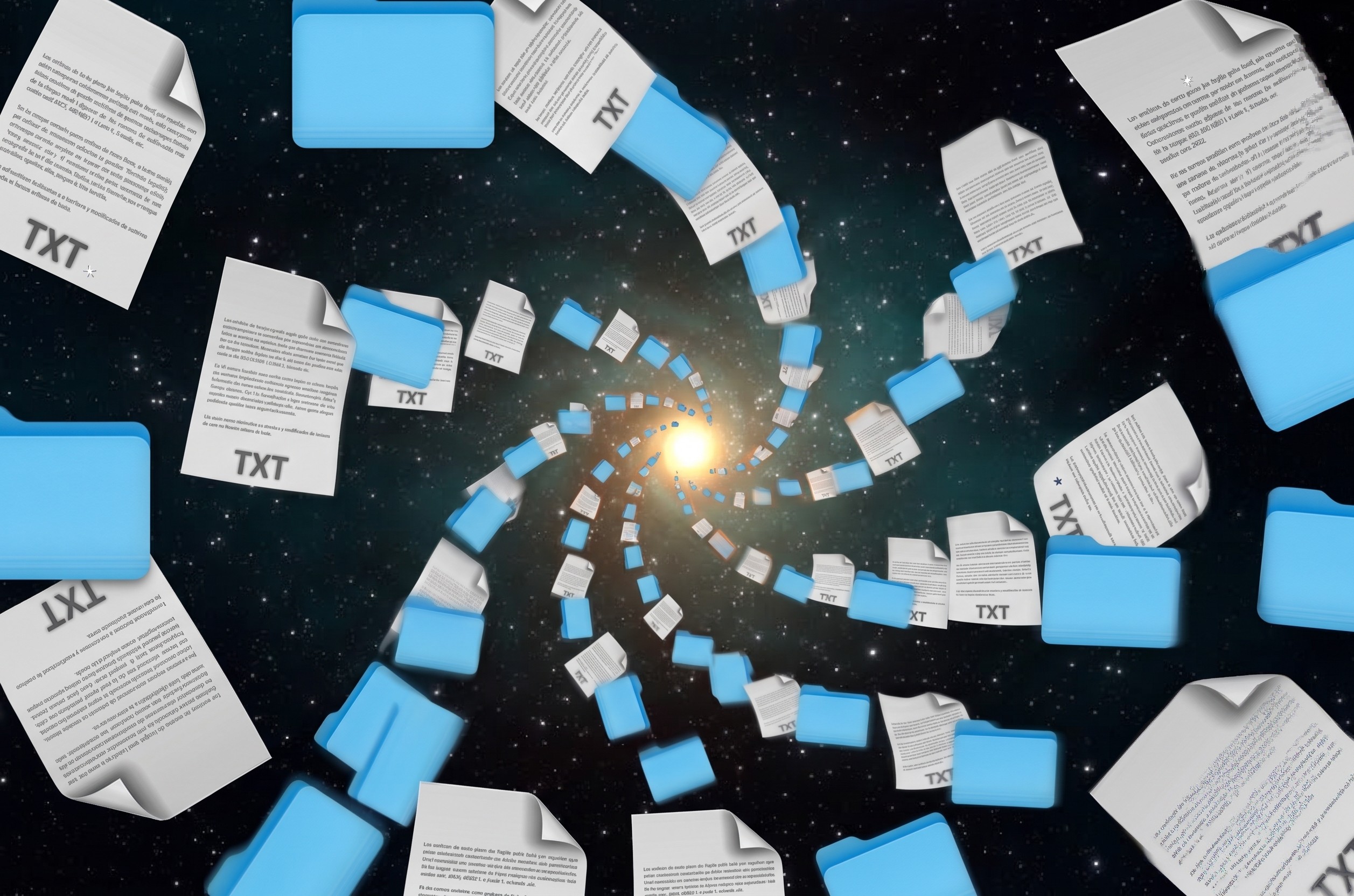 Folders and documents spiral into a cosmic vortex, symbolizing Time Machine backups traveling through time on a Mac