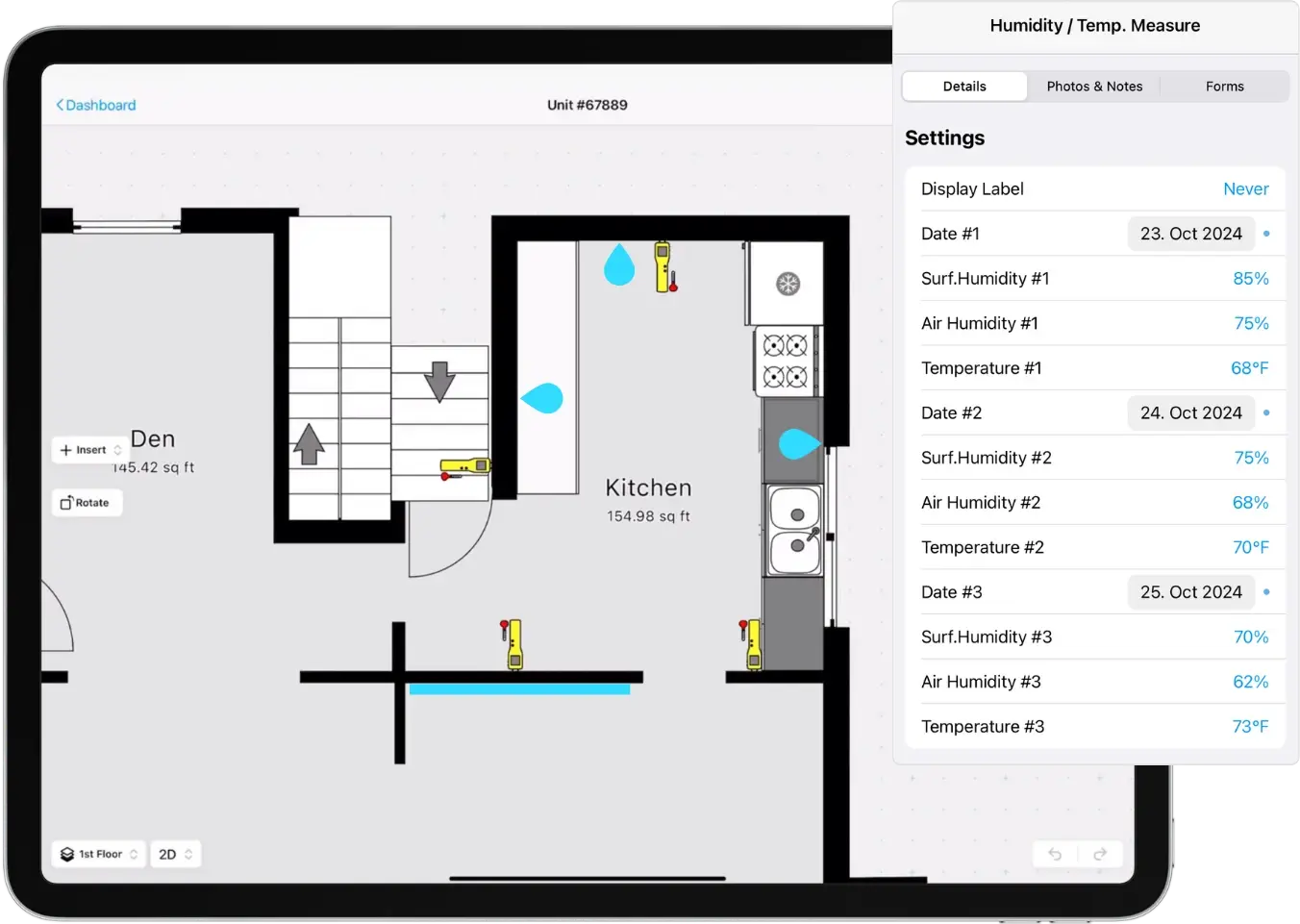magic plan floor plan displaying humidity and temperature measurements for indoor assessment