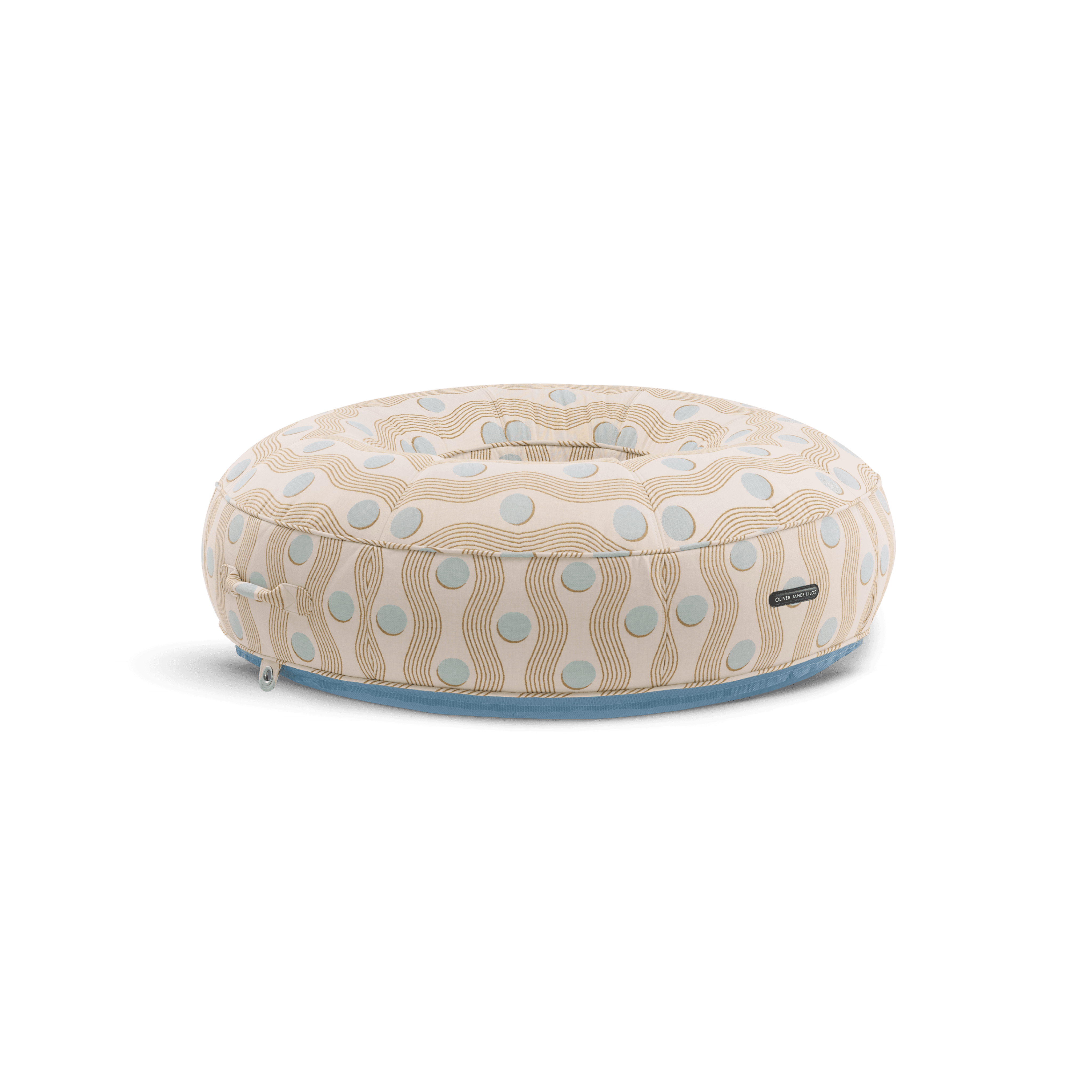 Ring-shaped luxury pool float in cream geometric-weave fabric with light blue accents