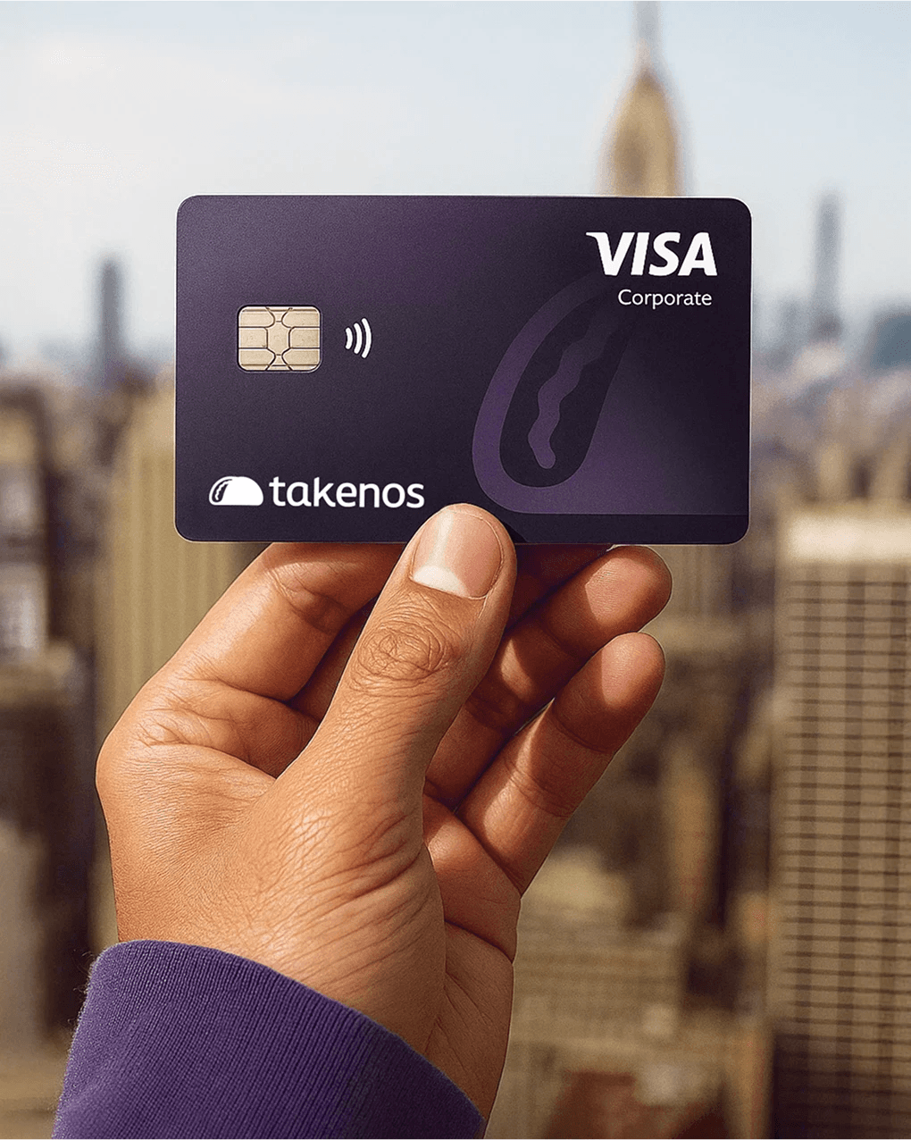 La tarjeta internacional de Takenos con una paisaje de viaje de fondo