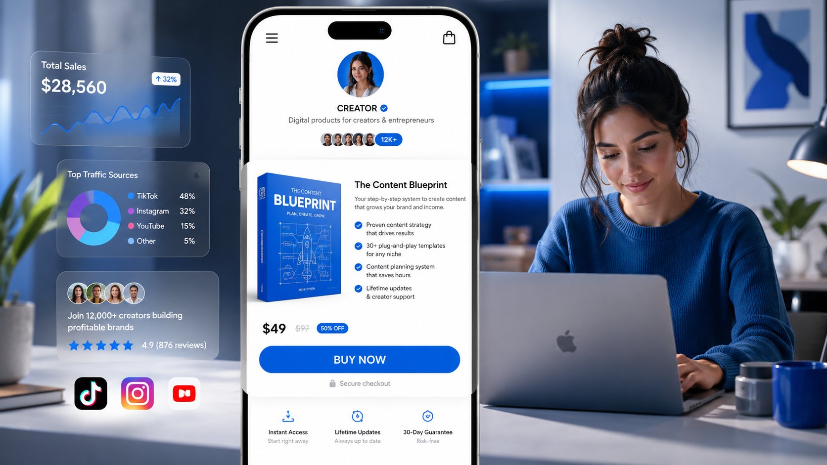 A polished mobile creator sales page for a digital product launch, showing one featured offer card, a bold buy-now CTA, product mockups, short benefit bullets, and trust signals placed close to the purchase button