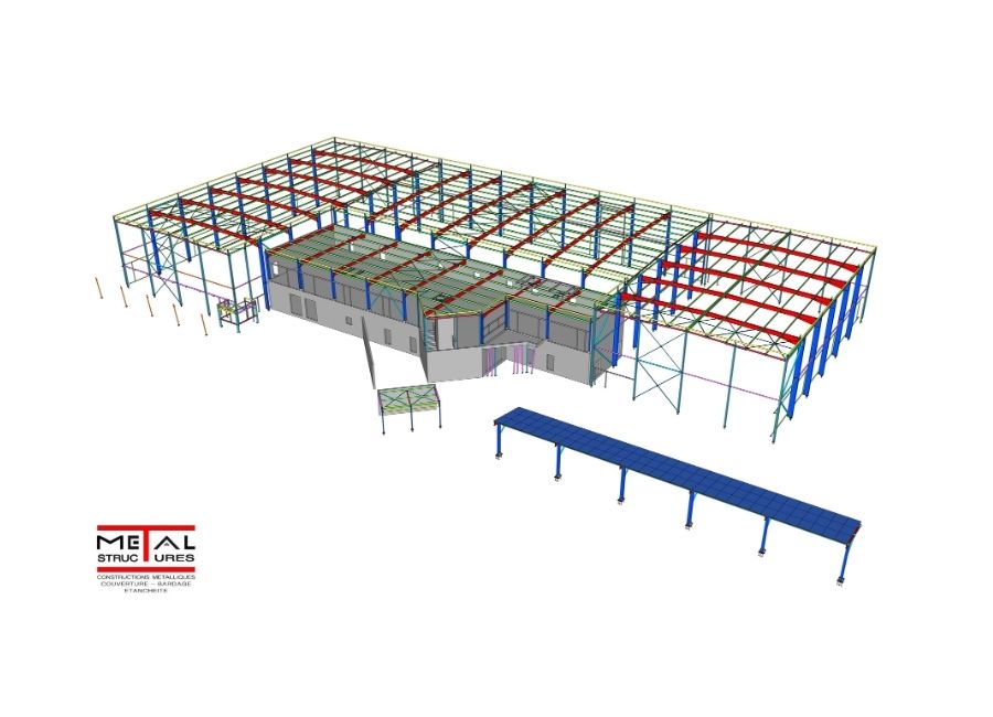 Modélisation 3D d’un bâtiment industriel montrant la structure métallique et les composants techniques.