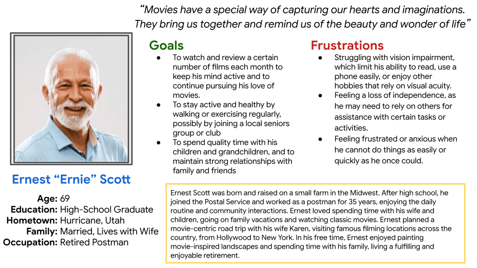 User persona of Ernie for SeatFoodie project