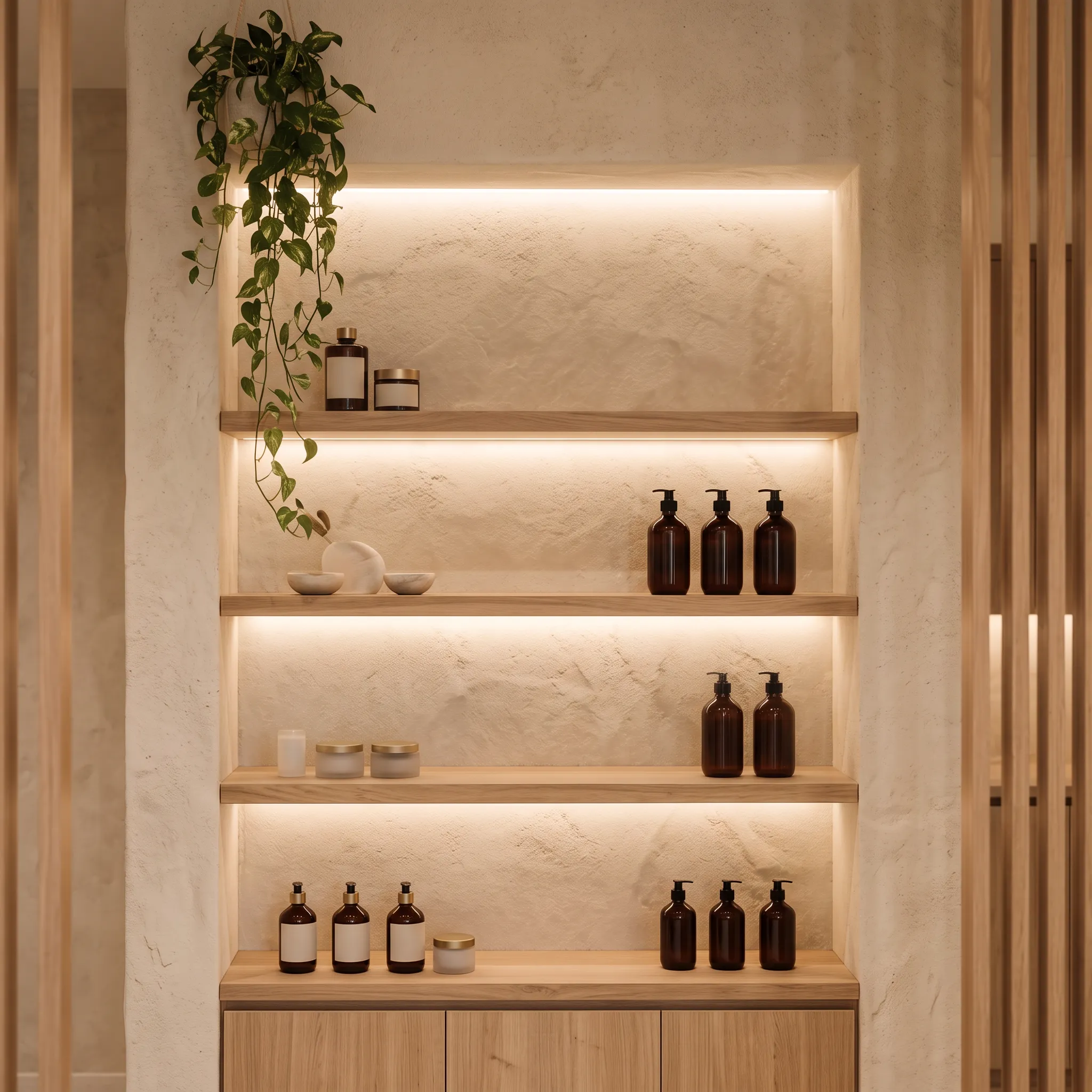 Backlit oak shelves with amber hair care bottles and jars