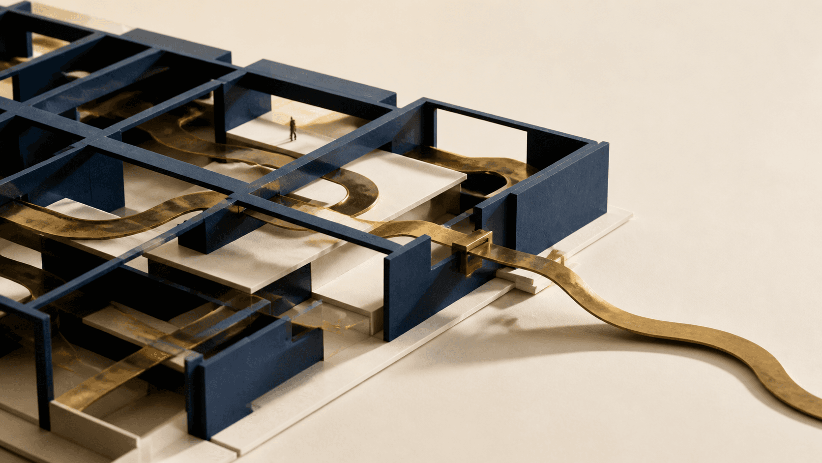 A small figure inside a blue architectural grid crossed by winding gold pathways, one extending into open space.