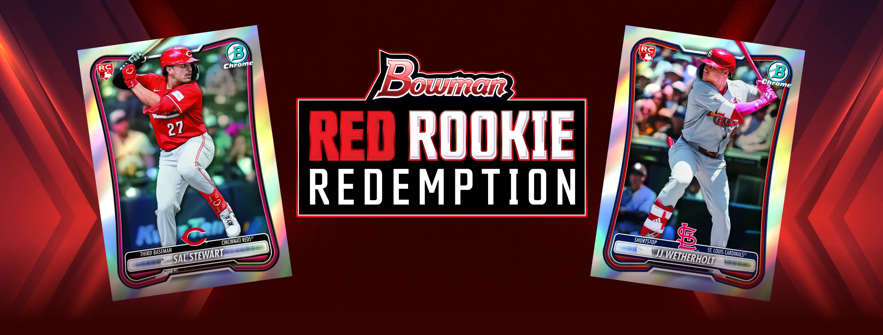 Red Rookie Redemption Program banner featuring Bowman Red RC cards of Nick Kurtz and Drake Baldwin