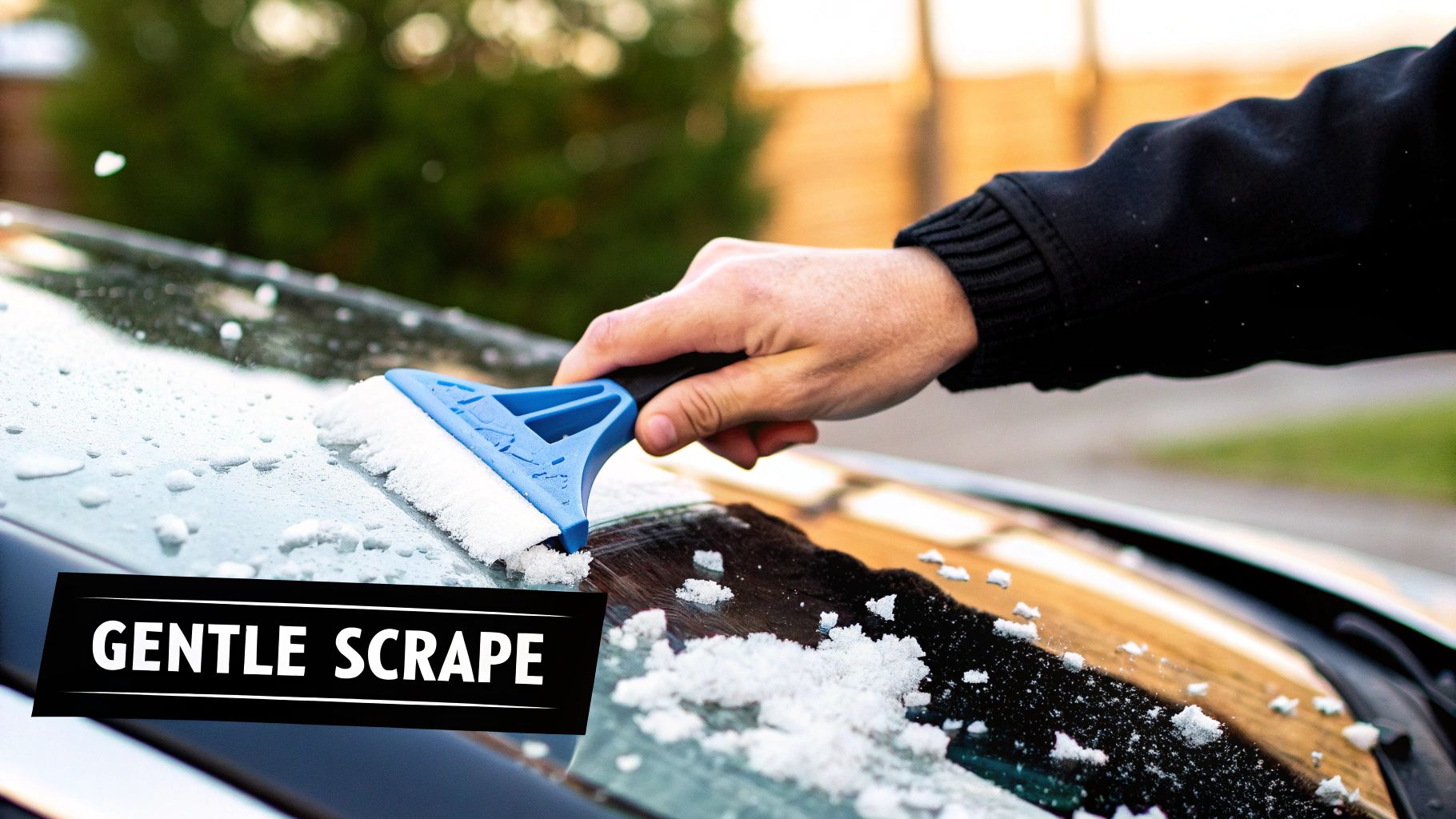 A person using a blue and white brush to gently remove ice and snow from a car's frozen windshield.