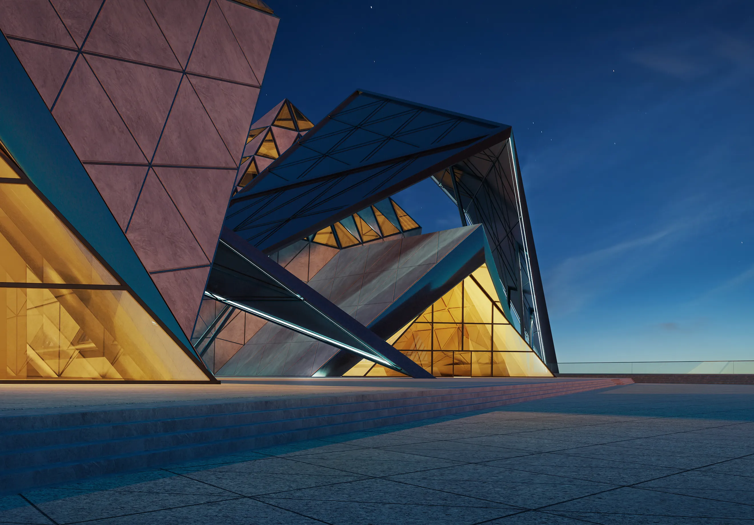 Futuristic geometric architecture with sharp glass angles and blue evening illumination.