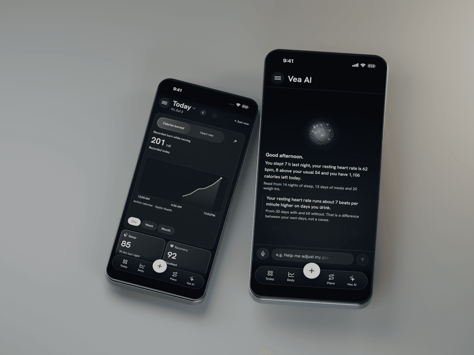 Real Vea app screens with illustrative Today activity, sleep and recovery data and a contextual AI opening, presented in generic phones