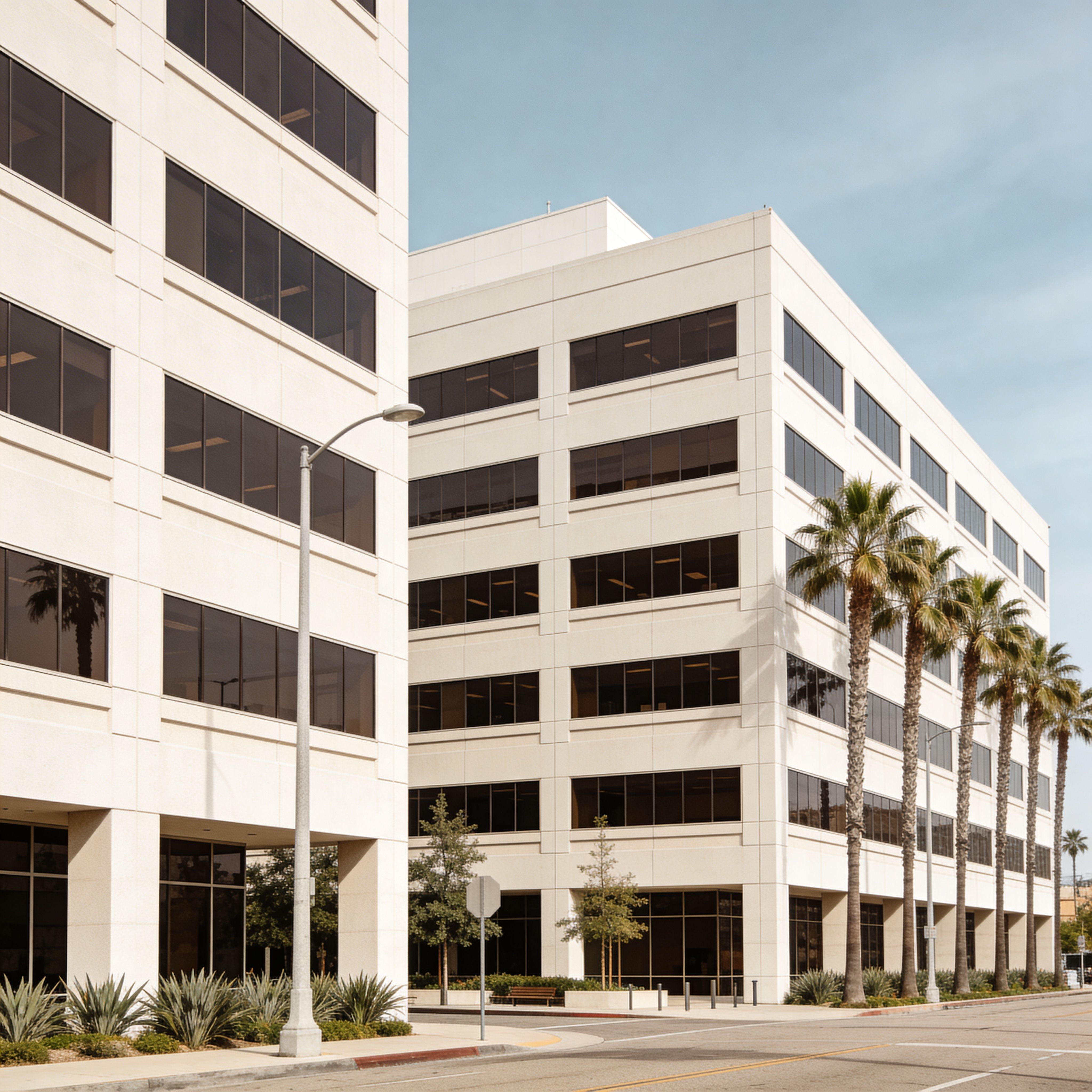 Modern office buildings with palm trees along a commercial street in Los Angeles