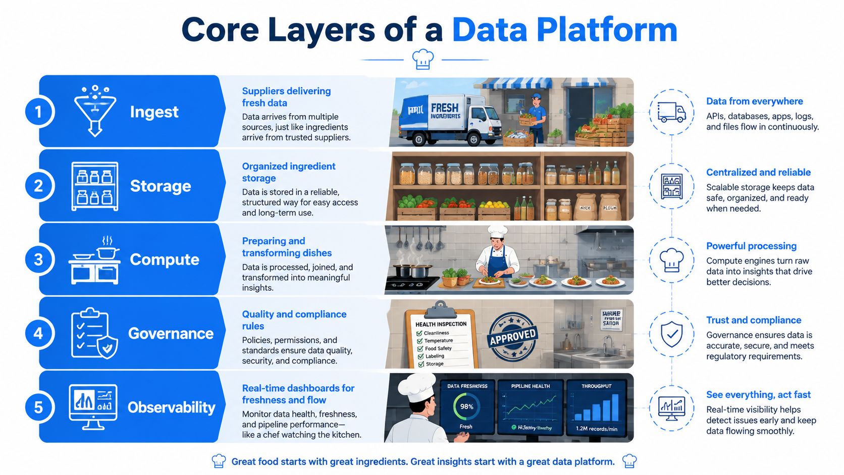 An infographic titled Core Layers of a Data Platform comparing data processes to a professional restaurant kitchen workflow.