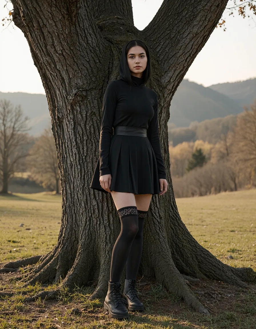 Fashion portrait featuring all-black outfit with pleated skirt and knee-high socks against massive tree trunk and autumn hills