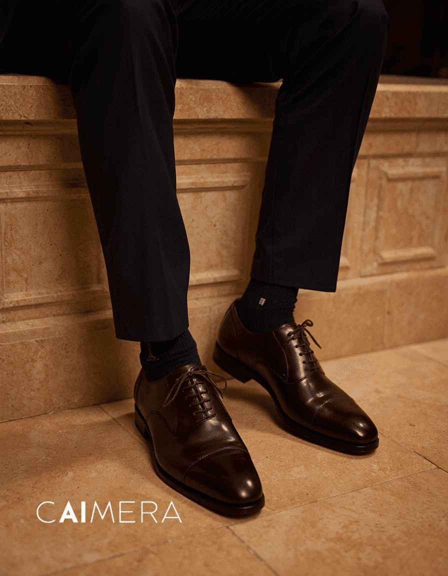 Close-up of polished brown leather oxford dress shoes paired with dark trousers and socks, positioned on warm-toned stone flooring