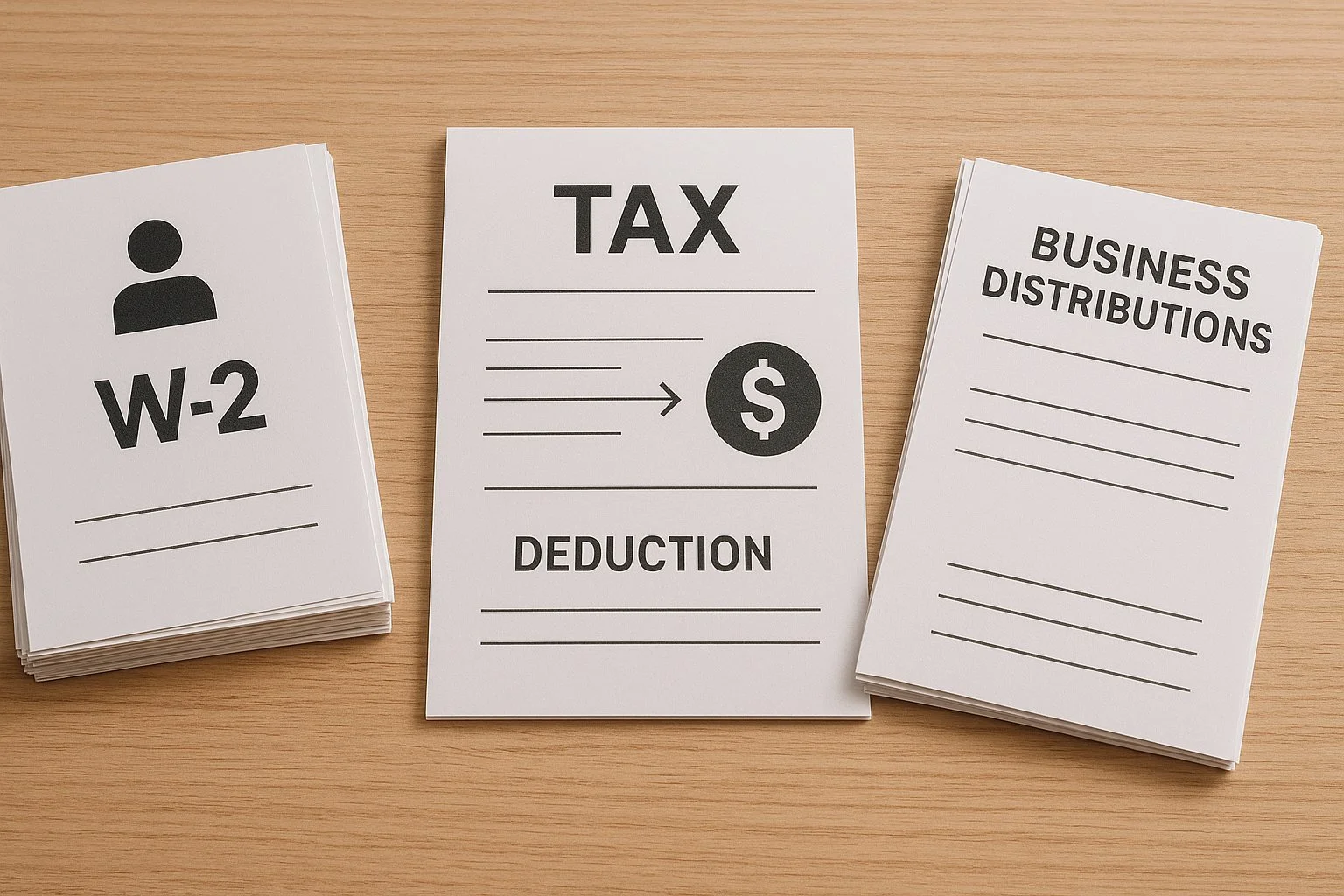 Desk with two document stacks showing W-2 wages and business distributions, with a tax form indicating only the distributions flowing toward an entity deduction.