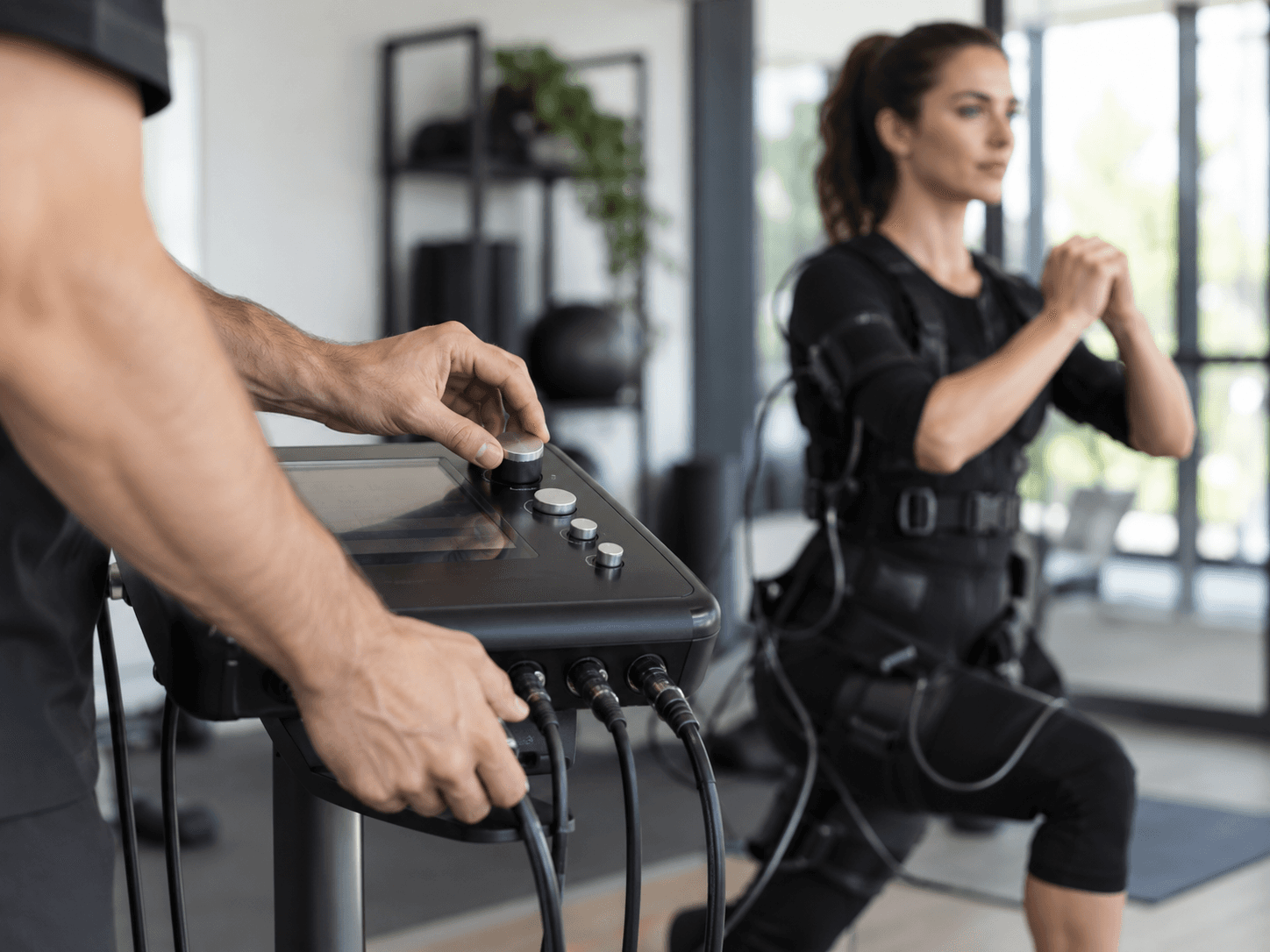 Trainer adjusting a Whole-Body EMS control unit while a participant performs a guided exercise