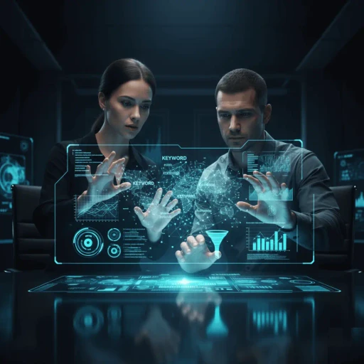 AI digital marketing prompt generator interface showing two professionals  collaborating on holographic analytics dashboard with keyword research,  performance metrics, and data visualization for SEO optimization, ad copy  generation, social media strategy, and marketing content creation by Mahendra