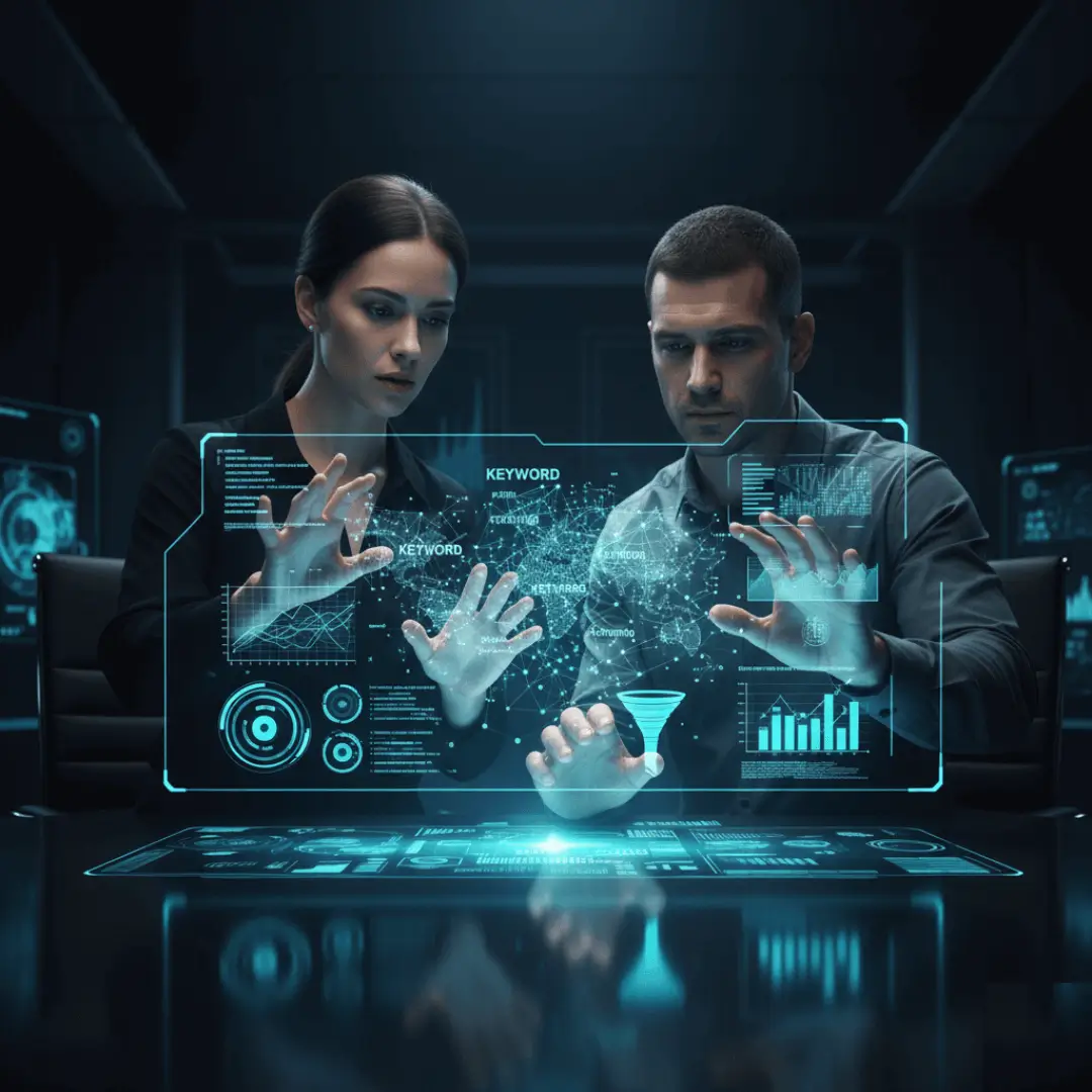AI digital marketing prompt generator interface showing two professionals  collaborating on holographic analytics dashboard with keyword research,  performance metrics, and data visualization for SEO optimization, ad copy  generation, social media strategy, and marketing content creation by Mahendra