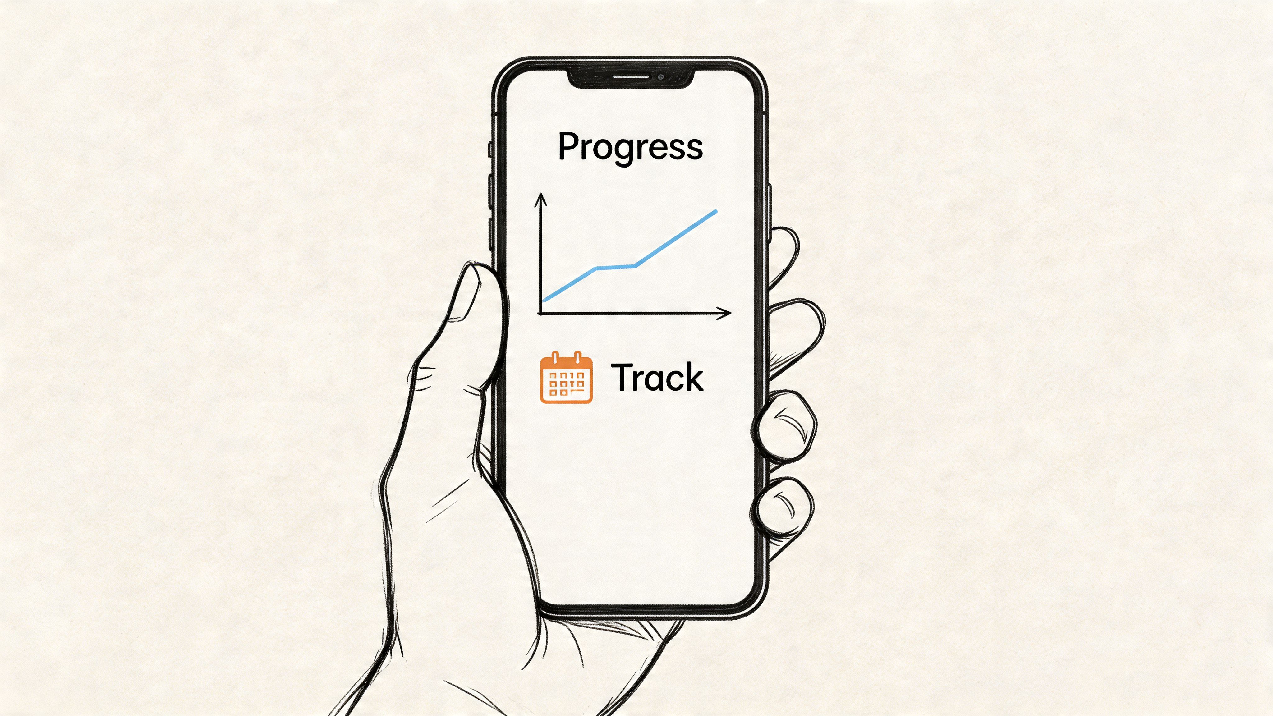 A hand holding a smartphone displaying a progress graph and a calendar icon for tracking health goals.