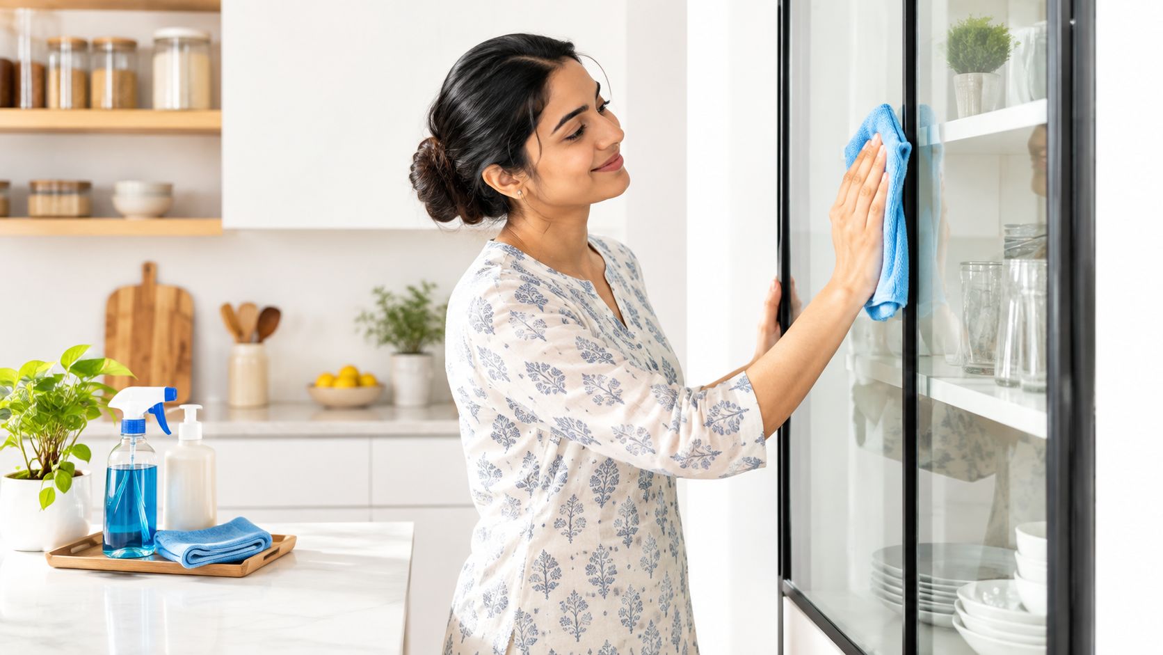 A smiling woman cleaning the glass door of a modern kitchen cabinet with a blue cloth.