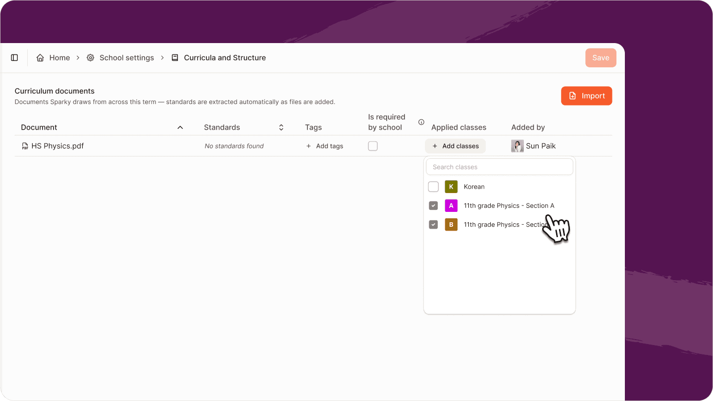 Screenshot of admin controlled curriculum documents 