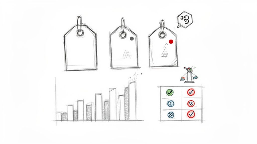 Hand-drawn sketches illustrating competitive intelligence concepts: price tags, a bar chart, and a comparison matrix.