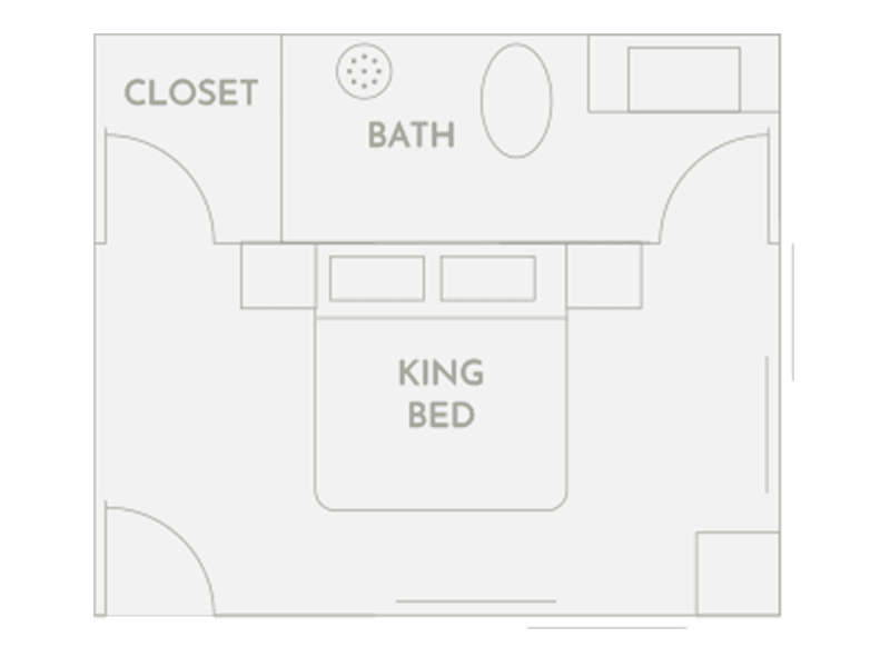 Floor plan of Room 2 at Club Vieques, featuring a spacious layout with a king-sized bed, desk, and private bath.