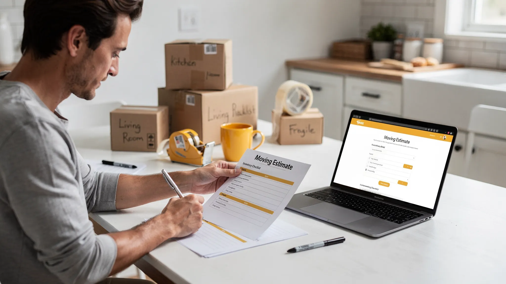 A homeowner at a kitchen table reviewing a written moving estimate and inventory checklist on paper while a laptop sits open nearby; labeled moving boxes and packing tape are visible in the background.