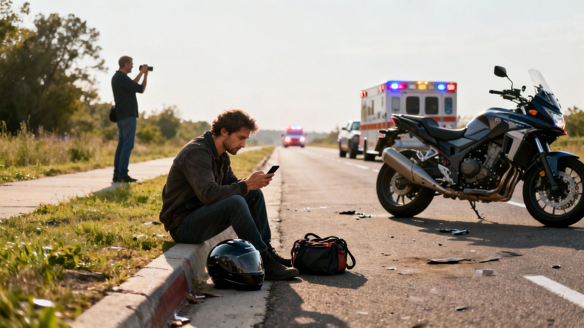 Man on phone at motorcycle accident scene with ambulance, debris, and person taking photos.