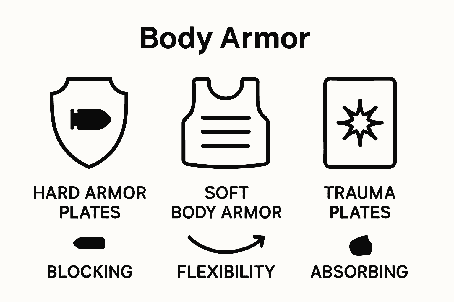 Visual comparison of hard armor plates, soft body armor, and trauma plates