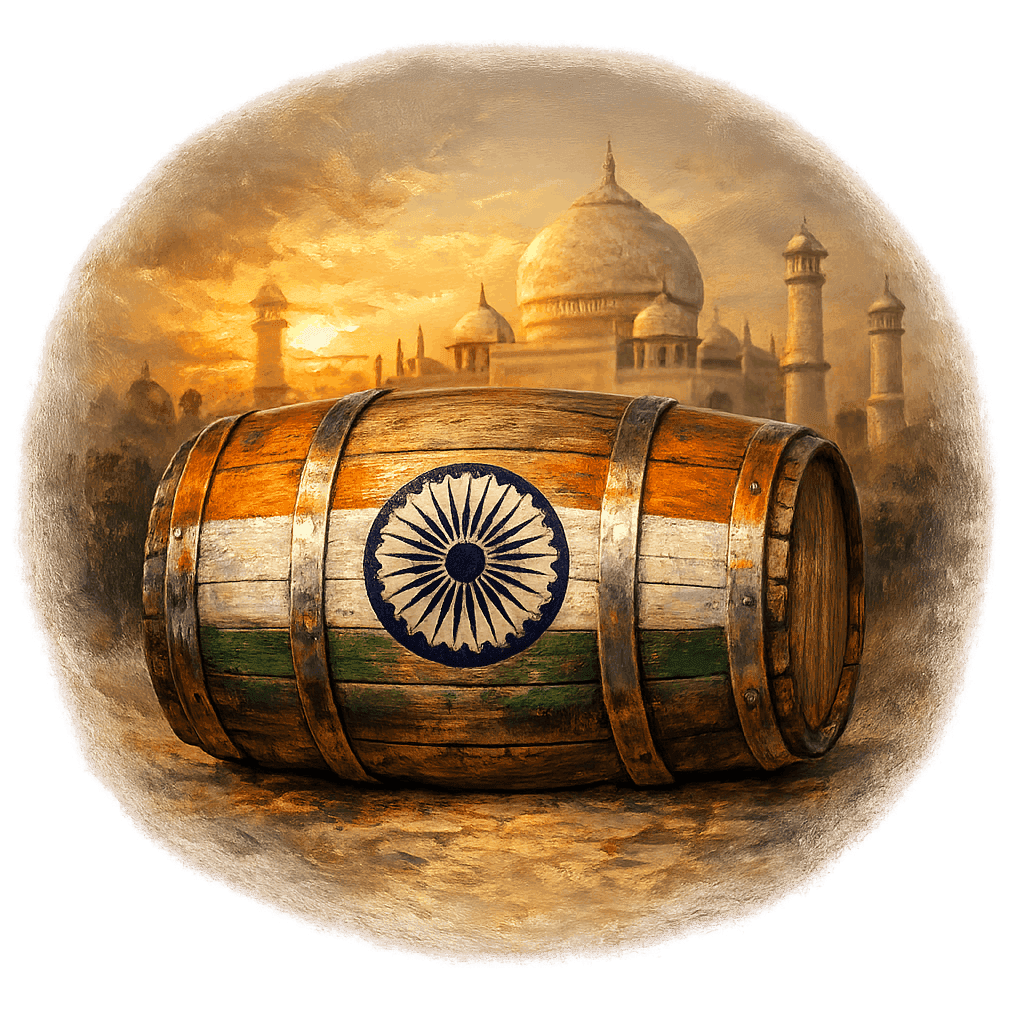 Wine barrel featuring the India national emblem for regional wine education.