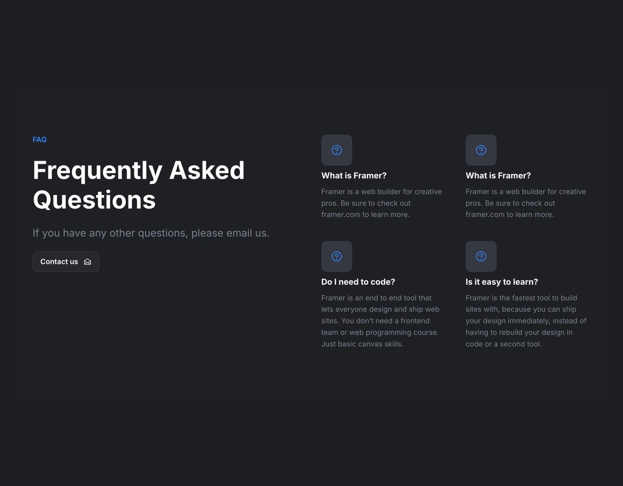 Framer Dark FAQ Section - Frameblox UI