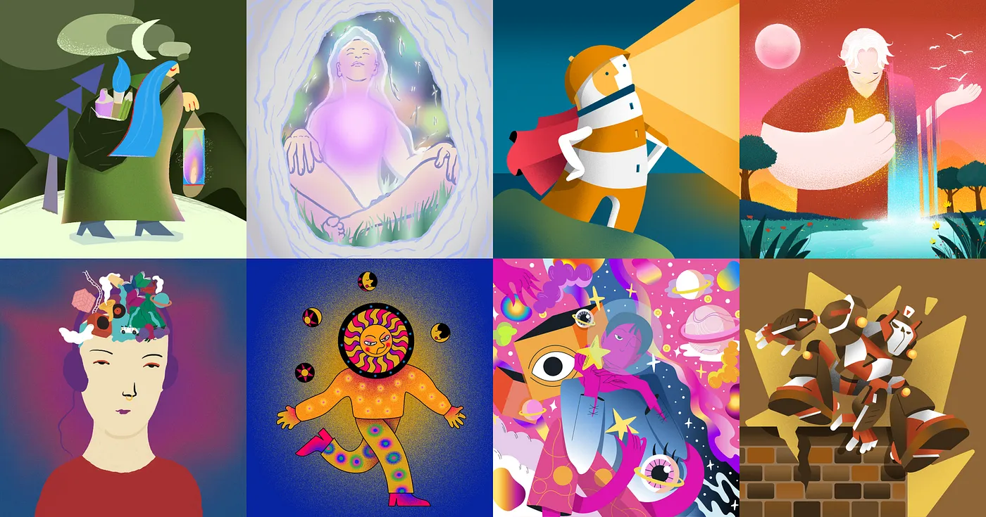 A collage of 8 illustrations featured in the Sonicality quiz