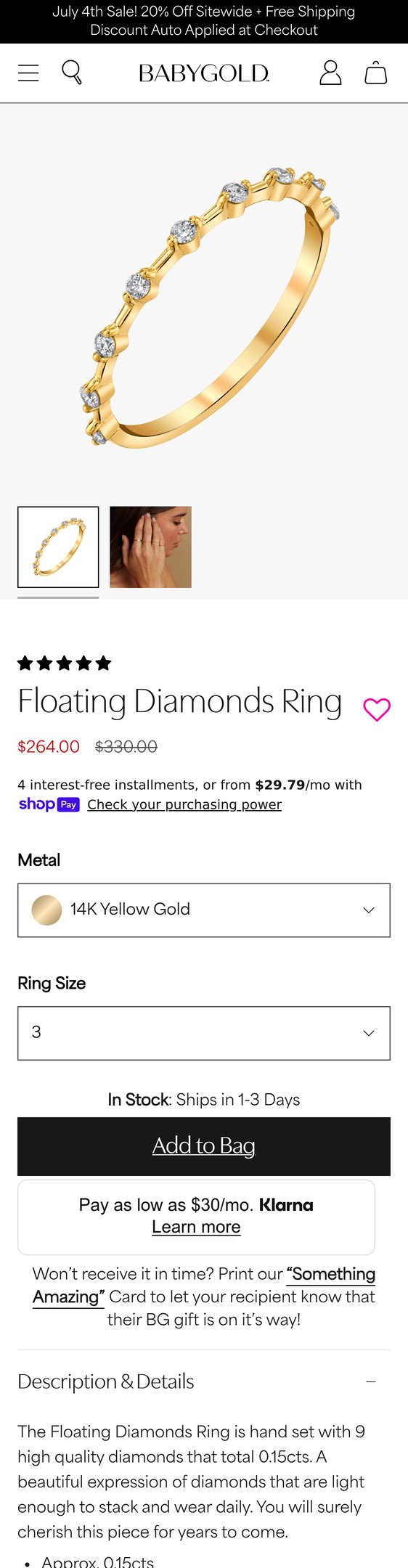 Jewelry product options include: ring for Floating Diamonds Ring from Baby Gold.