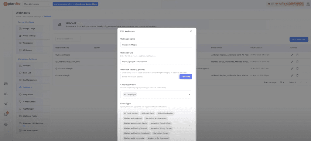 Configuring a webhook in an outreach platform by pasting the Outreach Magic URL and selecting all event types for complete data synchronization.