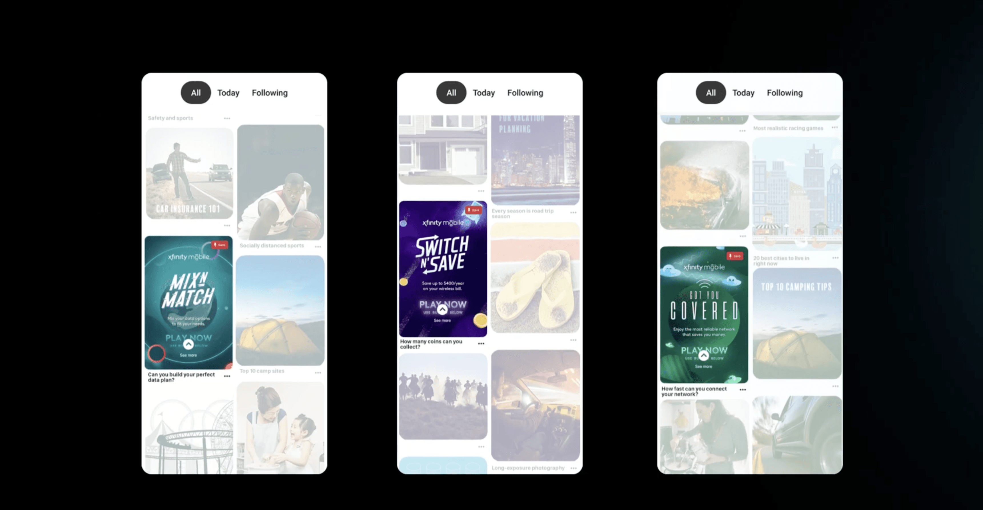 Three Pinterest feed mockups showing Xfinity Mobile Game Plans ads alongside organic content