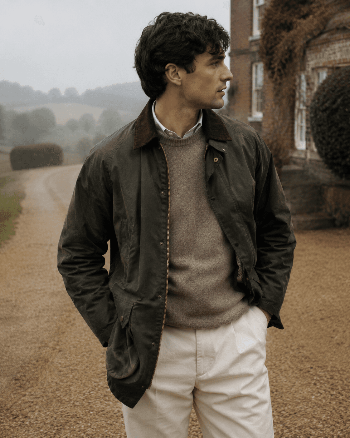 Side profile of a man walking outdoors in men's classic British country style fashion, wearing an olive green waxed cotton jacket with a brown corduroy collar over a beige crewneck wool sweater, a collared shirt, and off-white trousers, with a rustic estate background on a misty day.