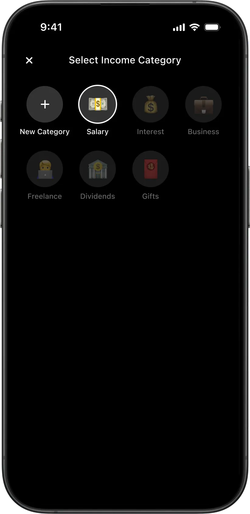 Income category selection interface in the Wudget finance app with customizable income sources and emoji icons.