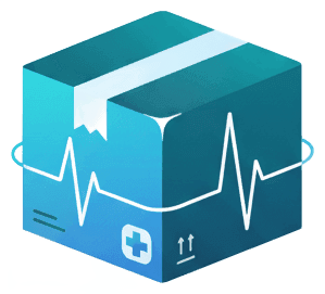 Sleek vector illustration of a delivery box with a medical heartbeat line or pulse wave integrated into the design. Use gradient colors from deep teal (#285360) to cerulean (#32B4DB). The box should appear secure and discreet with rounded corners. Include subtle shipping elements like directional arrows and a medical cross symbol. Add a heartbeat\\/ECG line that wraps around or emanates from the box, symbolizing ongoing care. Modern, professional design with smooth gradients and clean geometric shapes.