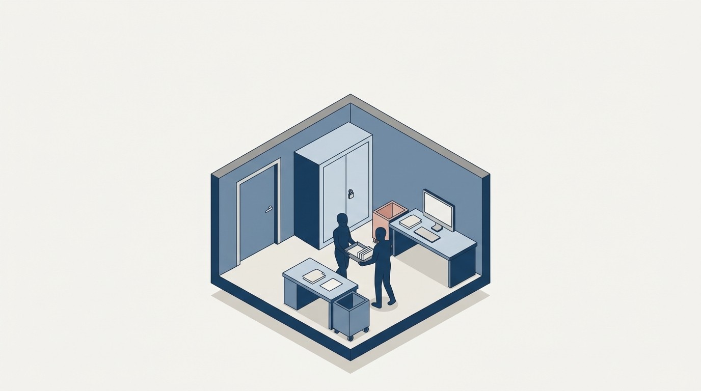 Isometrische Illustration: zwei Silhouetten tragen eine Ablageschale durchs Büro, ein verriegelter Schrank versperrt den Weg: Portalhürde statt Schnittstelle.