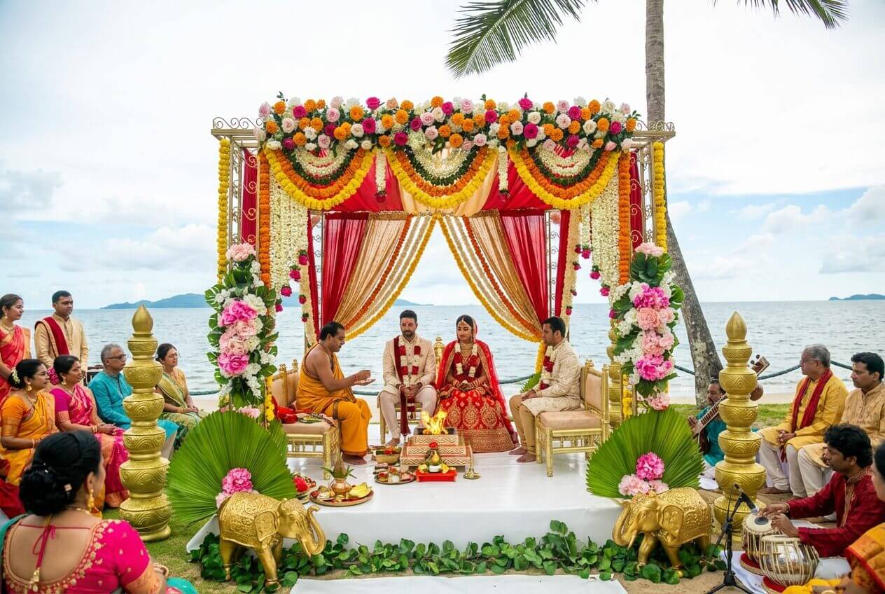 An Indian style decorated wedding with bride in red with many guests at Uprising Beach Resort Fiji